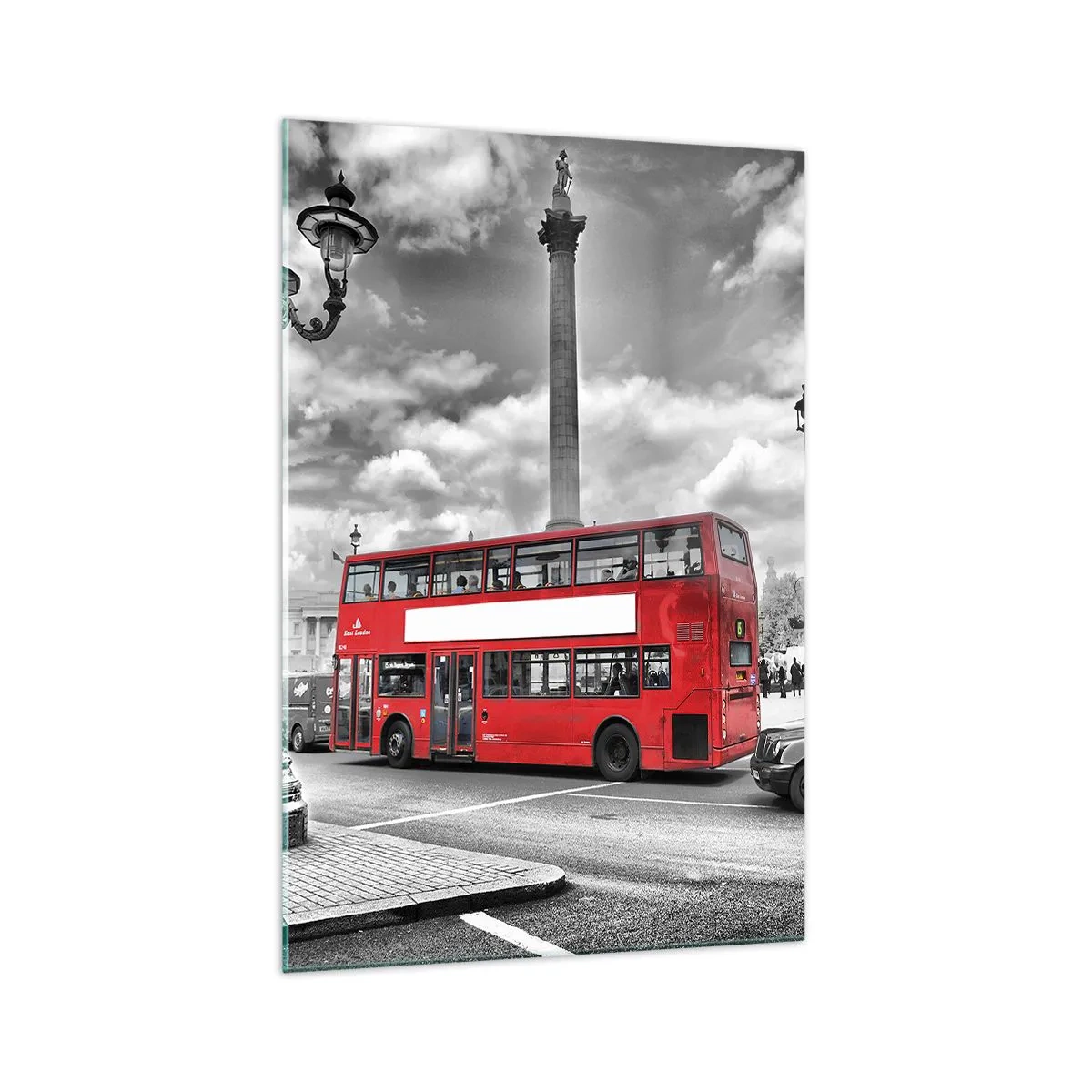 Impression sur verre - Image sur verre - Un bus rouge à impériale sur fond de ville en noir et blanc - 70x100cm - La vraie circulation sanguine de la ville - Décoration murale moderne pour le salon et la chambre ARTTOR