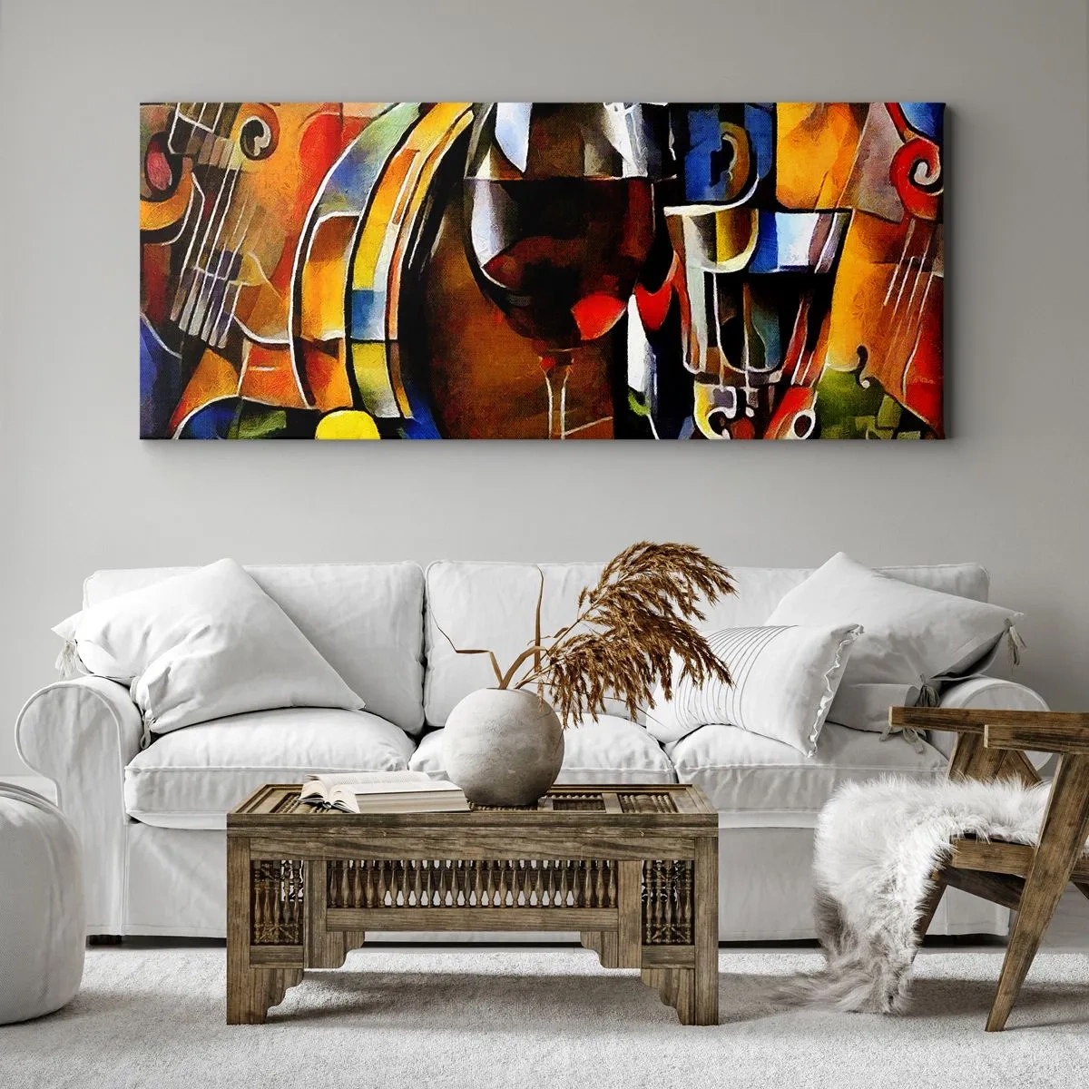 Impression sur toile - Image sur toile - Nature morte abstraite avec verres et instruments - 140x50cm - Et le monde prend des couleurs - Décoration murale moderne pour le salon et la chambre ARTTOR