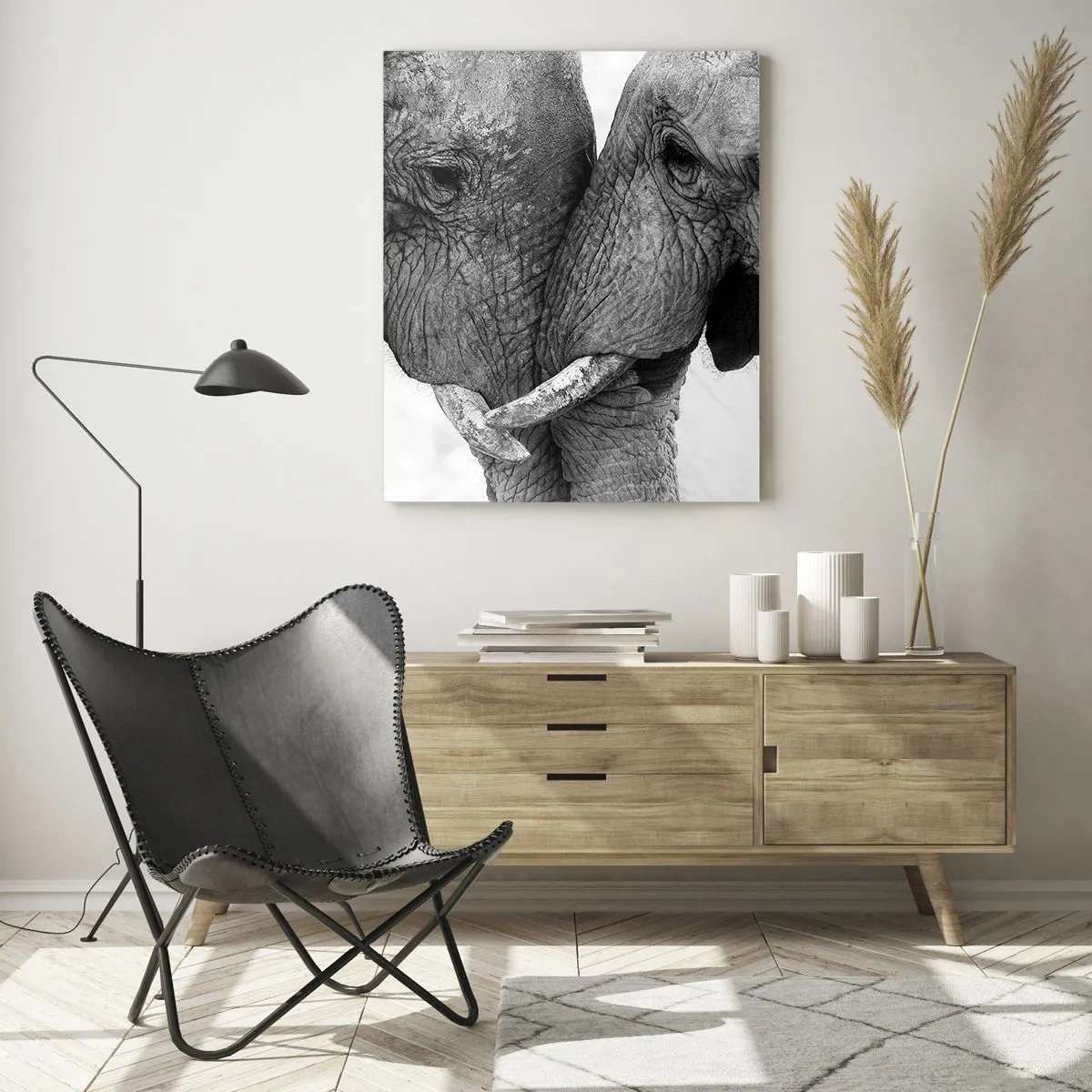 Impression sur verre - Image sur verre - Deux éléphants dans un geste tendre sur un fond monochrome - 70x100cm - Confession sincère - Décoration murale moderne pour le salon et la chambre ARTTOR