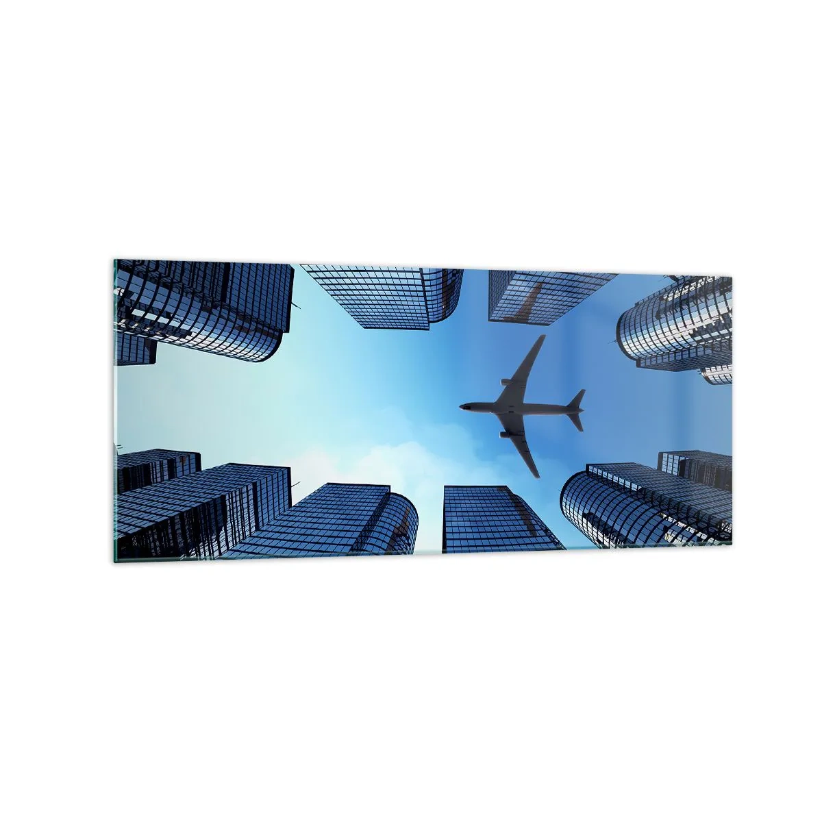 Impression sur verre - Image sur verre - Un avion survolant des gratte-ciels modernes dans le centre-ville. - 120x50cm - La vue depuis le ravin de verre - Décoration murale moderne pour le salon et la chambre ARTTOR