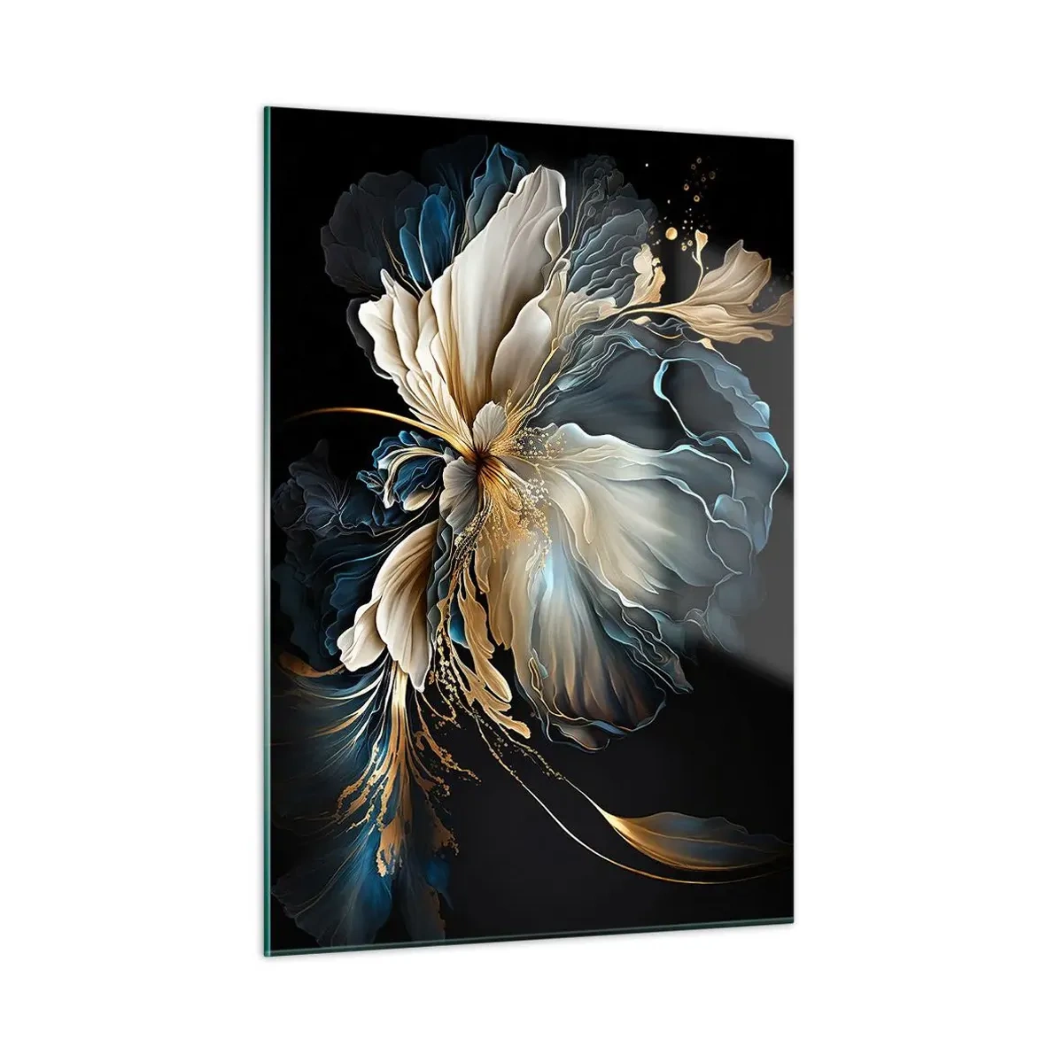 Impression sur verre - Image sur verre - Une fleur fantaisie dans des tons d'or, bleu marine et beige sur noir - 50x70cm - Fleur de fougère de conte de fées - Décoration murale moderne pour le salon et la chambre ARTTOR