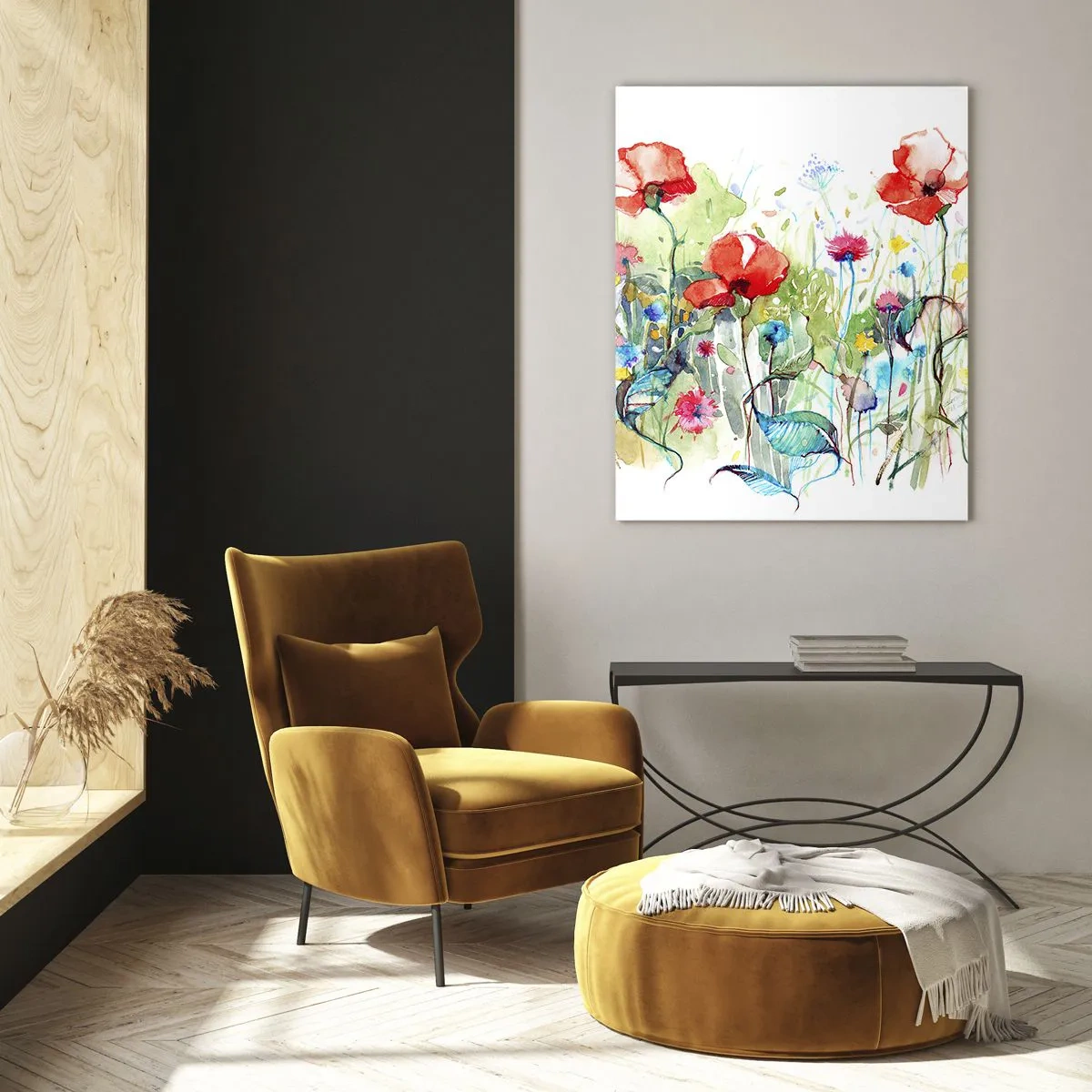 Impression sur verre - Image sur verre - Une prairie avec des coquelicots rouges et des fleurs colorées à l'aquarelle - 70x100cm - Prairie de fleurs en mai - Décoration murale moderne pour le salon et la chambre ARTTOR