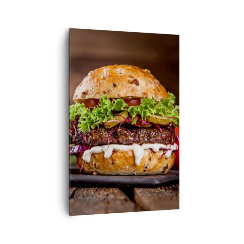 Impression sur toile - Image sur toile - Burgers appétissants avec légumes et sauce - 80x120cm - American dream - Décoration murale moderne pour le salon et la chambre ARTTOR