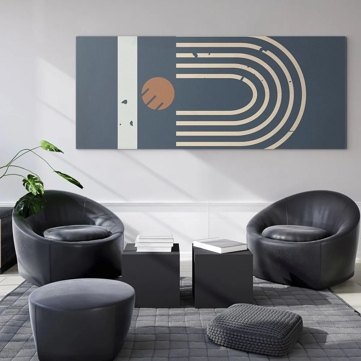 Impression sur verre - Image sur verre - Motif géométrique dans les tons bleu marine, beige et orange sur fond sombre - 120x50cm - Géométrie sur la grenade - Décoration murale moderne pour le salon et la chambre ARTTOR