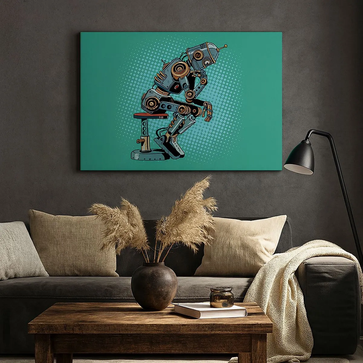 Impression sur toile - Image sur toile - Robot penseur de style pop art sur fond vert - 70x50cm - Au-dessus de l'essence de l'être - Décoration murale moderne pour le salon et la chambre ARTTOR