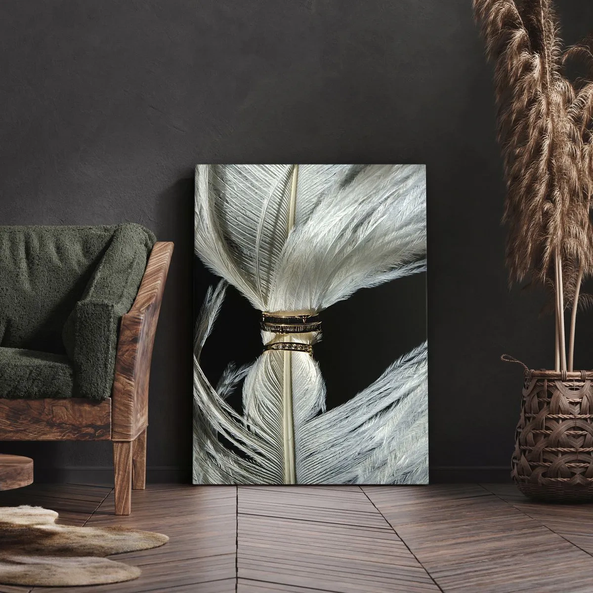 Impression sur toile - Image sur toile - Une plume blanche avec deux anneaux d'or sur fond noir - 80x120cm - ... et je ne te laisserai pas ... - Décoration murale moderne pour le salon et la chambre ARTTOR