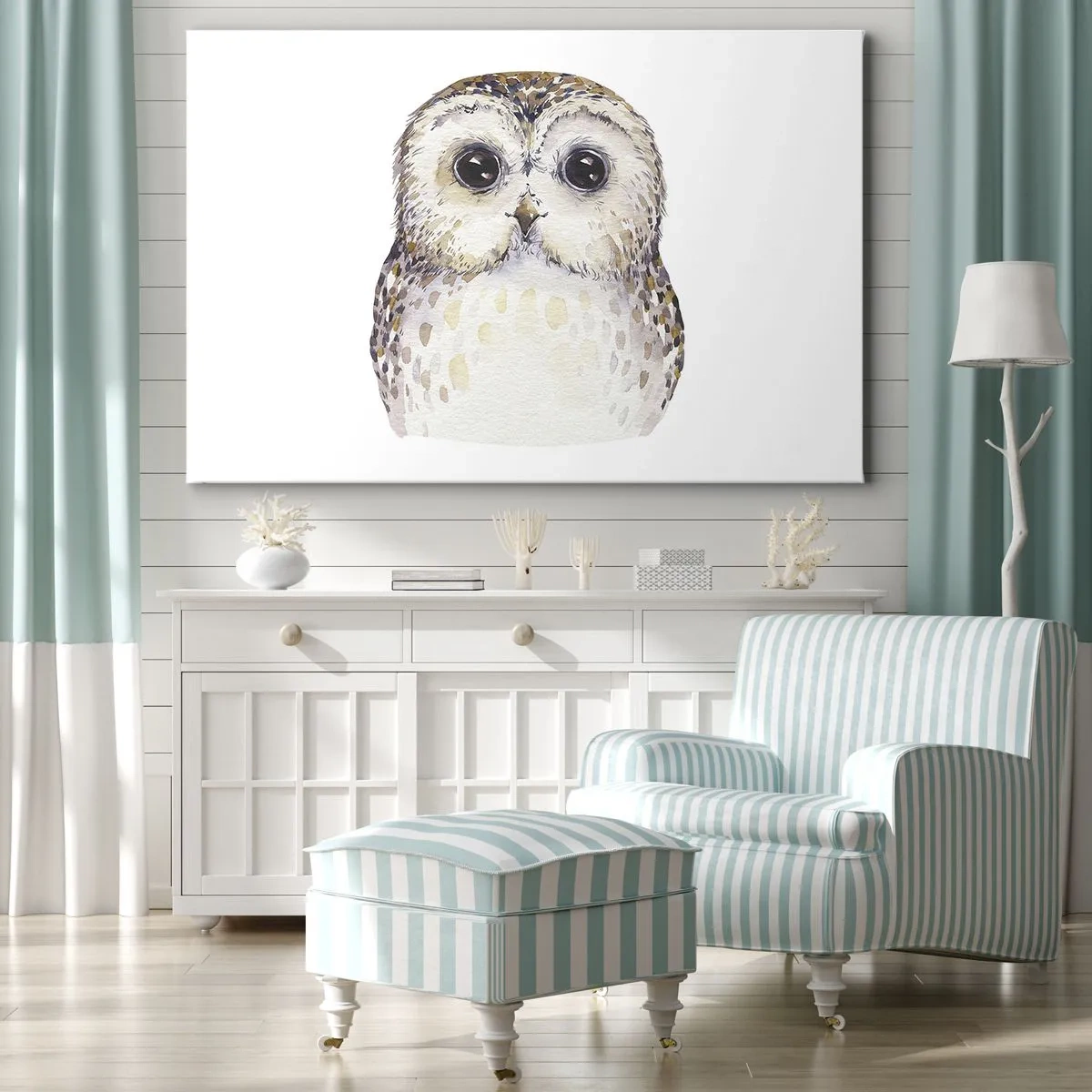Impression sur toile - Image sur toile - Portrait d'un hibou sur fond clair aux couleurs délicates - 100x70cm - Regarde-moi dans les yeux - Décoration murale moderne pour le salon et la chambre ARTTOR