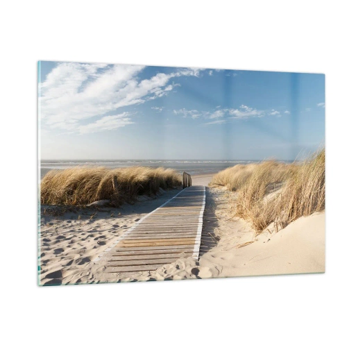 Impression sur verre - Image sur verre - Chemin en bois à travers les dunes menant à la plage - 120x80cm - Derrière la dune, dans le bruissement de l'herbe - Décoration murale moderne pour le salon et la chambre ARTTOR