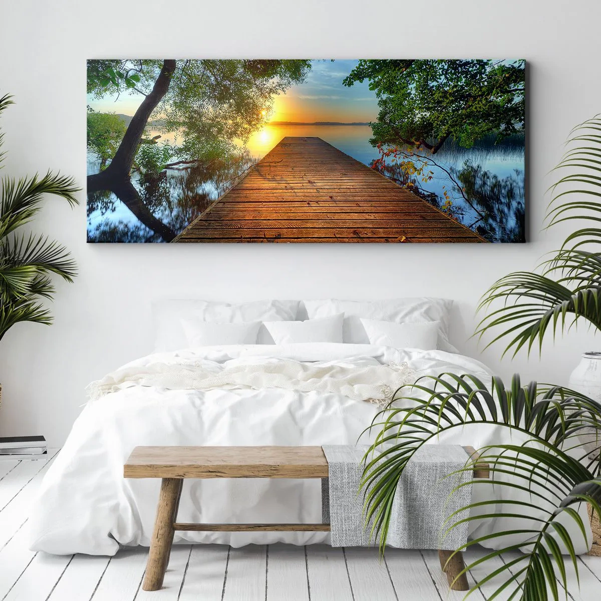 Impression sur toile - Image sur toile - Une jetée en bois entourée de verdure au coucher du soleil - 160x50cm - Prenez votre temps, asseyez-vous - Décoration murale moderne pour le salon et la chambre ARTTOR
