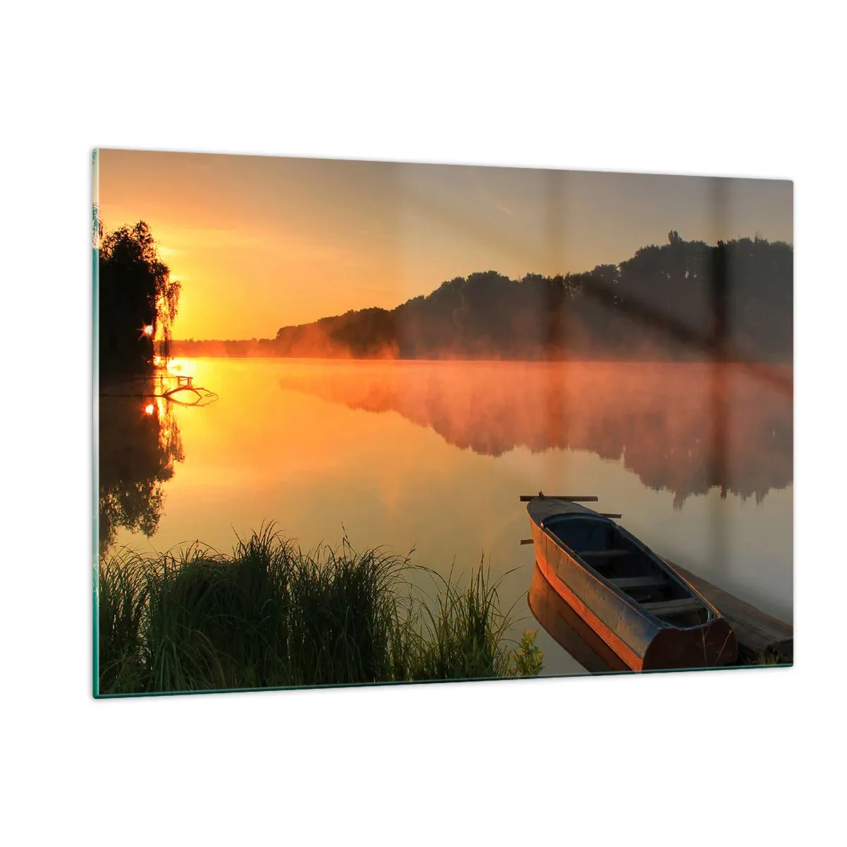 Impression sur verre - Image sur verre - Lever de soleil sur un lac calme avec un bateau sur le rivage - 120x80cm - Lever du soleil sur l'eau comme un miroir - Décoration murale moderne pour le salon et la chambre ARTTOR
