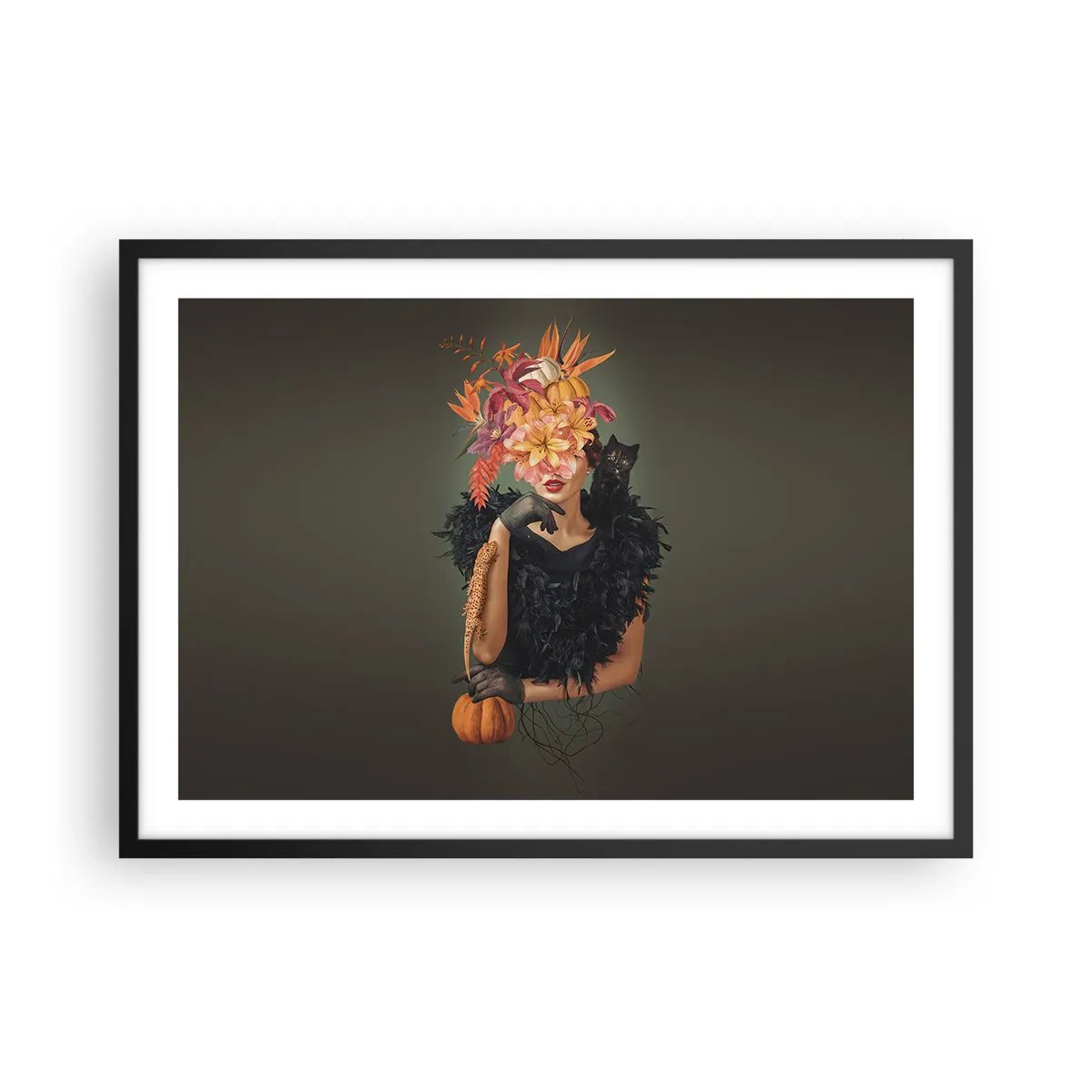 Affiche dans un cadre noir - Poster - Portrait d'une femme aux motifs d'automne et un chat - 70x50cm - Sort de sorcière - Décoration murale moderne pour le salon et la chambre ARTTOR
