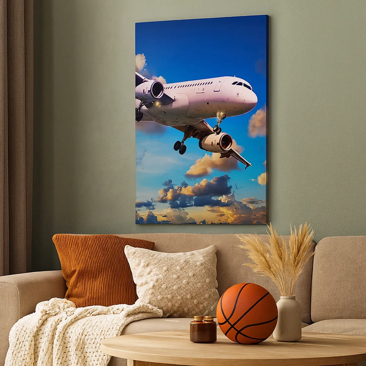 Impression sur toile - Image sur toile - Un avion de ligne contre les nuages au coucher du soleil - 50x70cm - Un voyage en blanc et bleu ciel - Décoration murale moderne pour le salon et la chambre ARTTOR