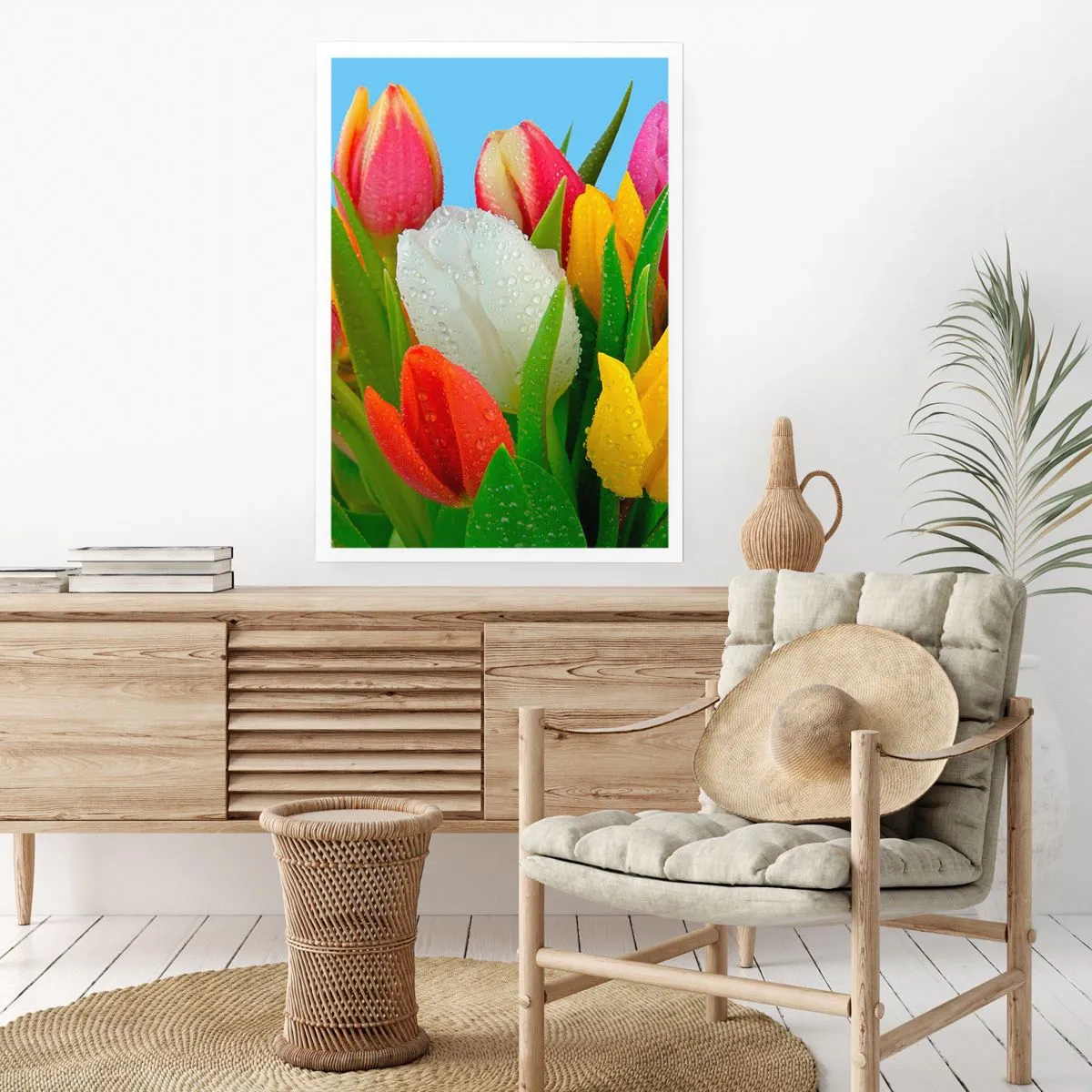 Affiche - Poster - Tulipes colorées avec des gouttes de rosée sur leurs pétales - 50x70cm - Un arc-en-ciel fleuri en gouttes de rosée - Décoration murale moderne pour le salon et la chambre ARTTOR