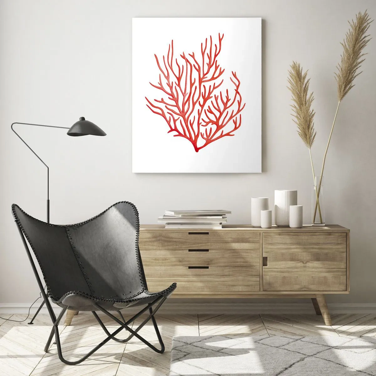 Impression sur verre - Image sur verre - Corail rouge avec une structure en filigrane sur fond blanc - 50x70cm - Filigrane de corail - Décoration murale moderne pour le salon et la chambre ARTTOR