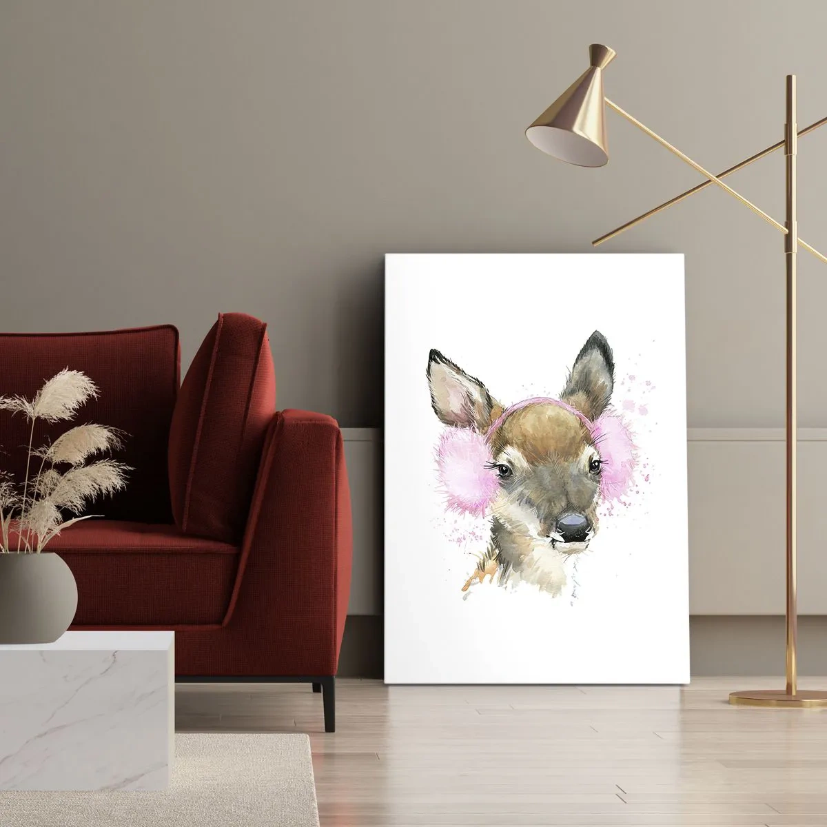 Impression sur toile - Image sur toile - Cerf aquarelle avec cache-oreilles roses - 80x120cm - Et le gel n'effraie plus - Décoration murale moderne pour le salon et la chambre ARTTOR