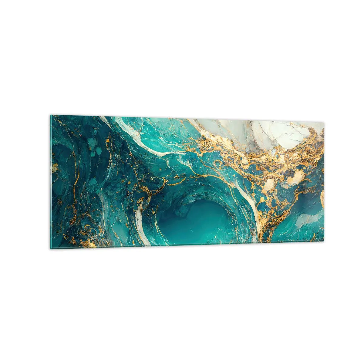 Impression sur verre - Image sur verre - Une composition abstraite dans des tons turquoise et or. - 120x50cm - Composition en veines d'or - Décoration murale moderne pour le salon et la chambre ARTTOR