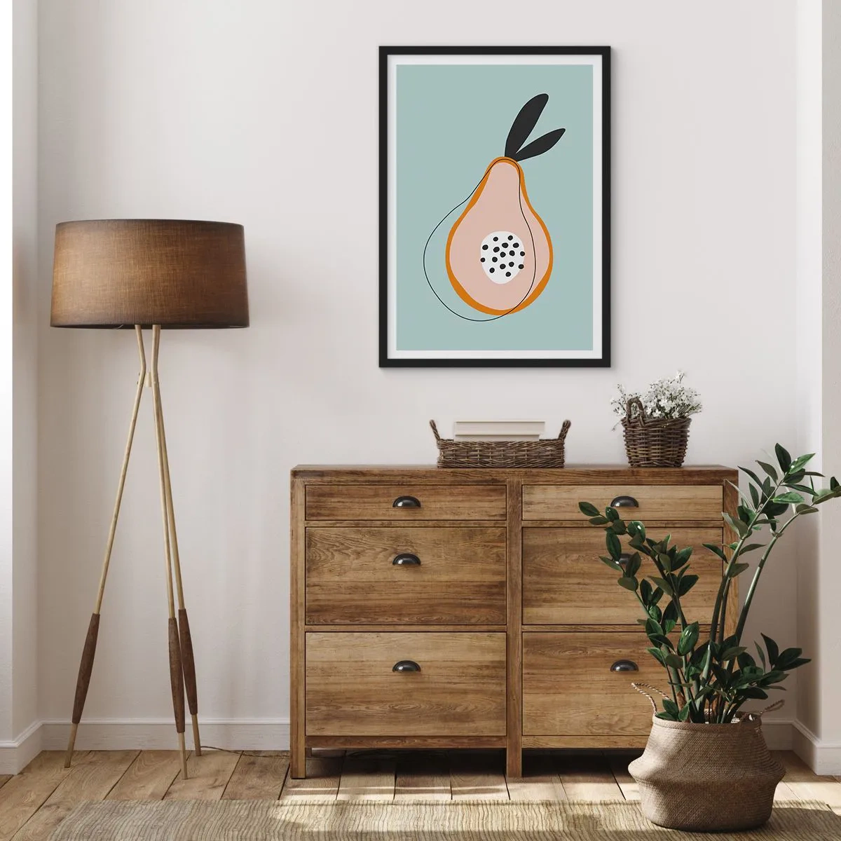 Affiche dans un cadre noir - Poster - Illustration abstraite d'une poire sur fond menthe - 50x70cm - Pénétrer la nature des choses - Décoration murale moderne pour le salon et la chambre ARTTOR