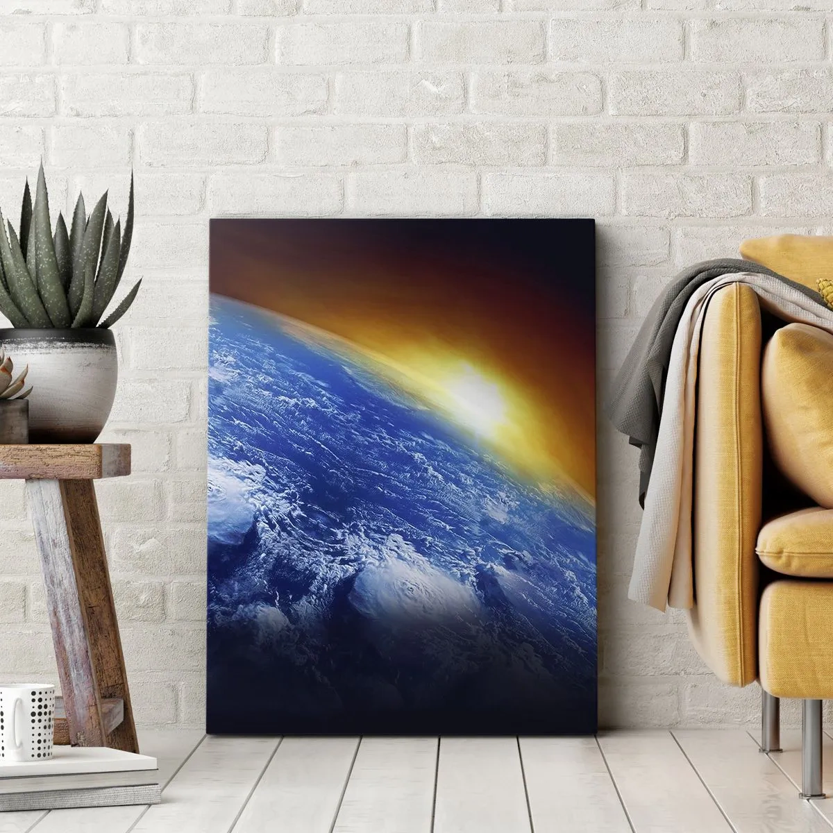 Impression sur toile - Image sur toile - Vue de la Terre depuis l'espace au coucher du soleil - 70x100cm - Lever de soleil sur la planète bleue - Décoration murale moderne pour le salon et la chambre ARTTOR