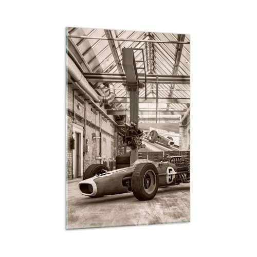 Impression sur verre - Image sur verre - Voiture de course noire et blanche dans un intérieur industriel - 80x120cm - Le repos du guerrier - Décoration murale moderne pour le salon et la chambre ARTTOR