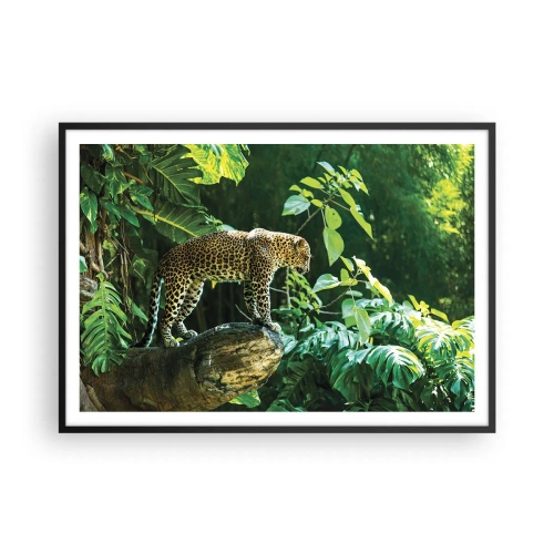 Affiche dans un cadre noir - Poster - Un léopard debout sur un rocher entouré de végétation tropicale - 100x70cm - À la chasse? - Décoration murale moderne pour le salon et la chambre ARTTOR