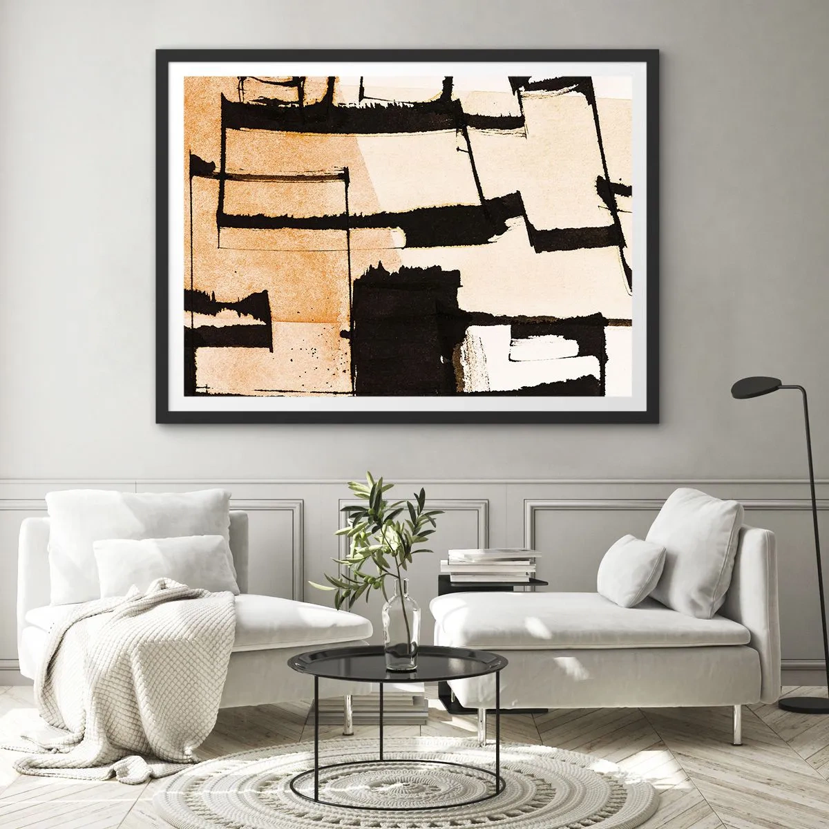 Affiche dans un cadre noir - Poster - Motifs géométriques dans les tons marron et beige - 100x70cm - De l’ordre malgré tout - Décoration murale moderne pour le salon et la chambre ARTTOR