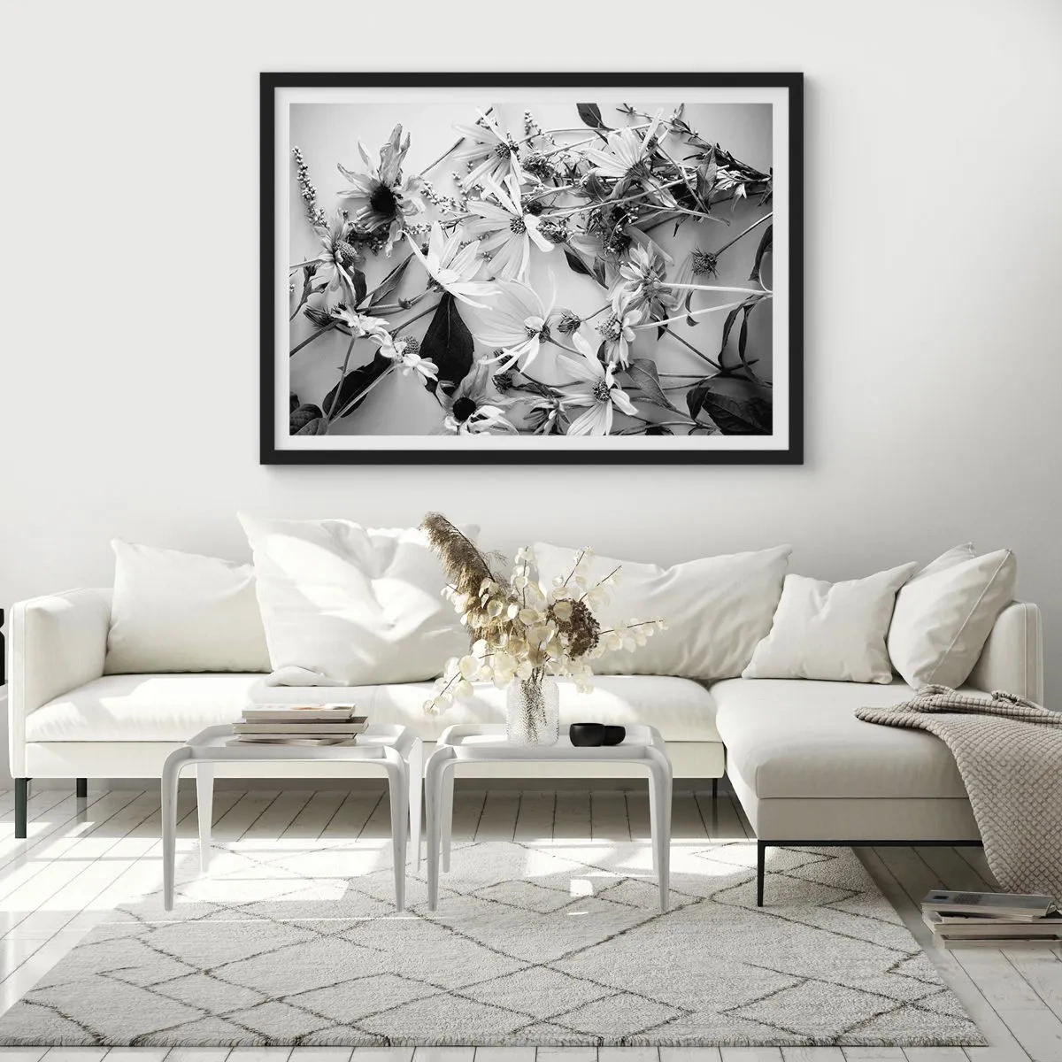 Affiche dans un cadre noir - Poster - Compositions florales en noir et blanc dans un style artistique subtil - 100x70cm - Non-un bouquet de fleurs - Décoration murale moderne pour le salon et la chambre ARTTOR