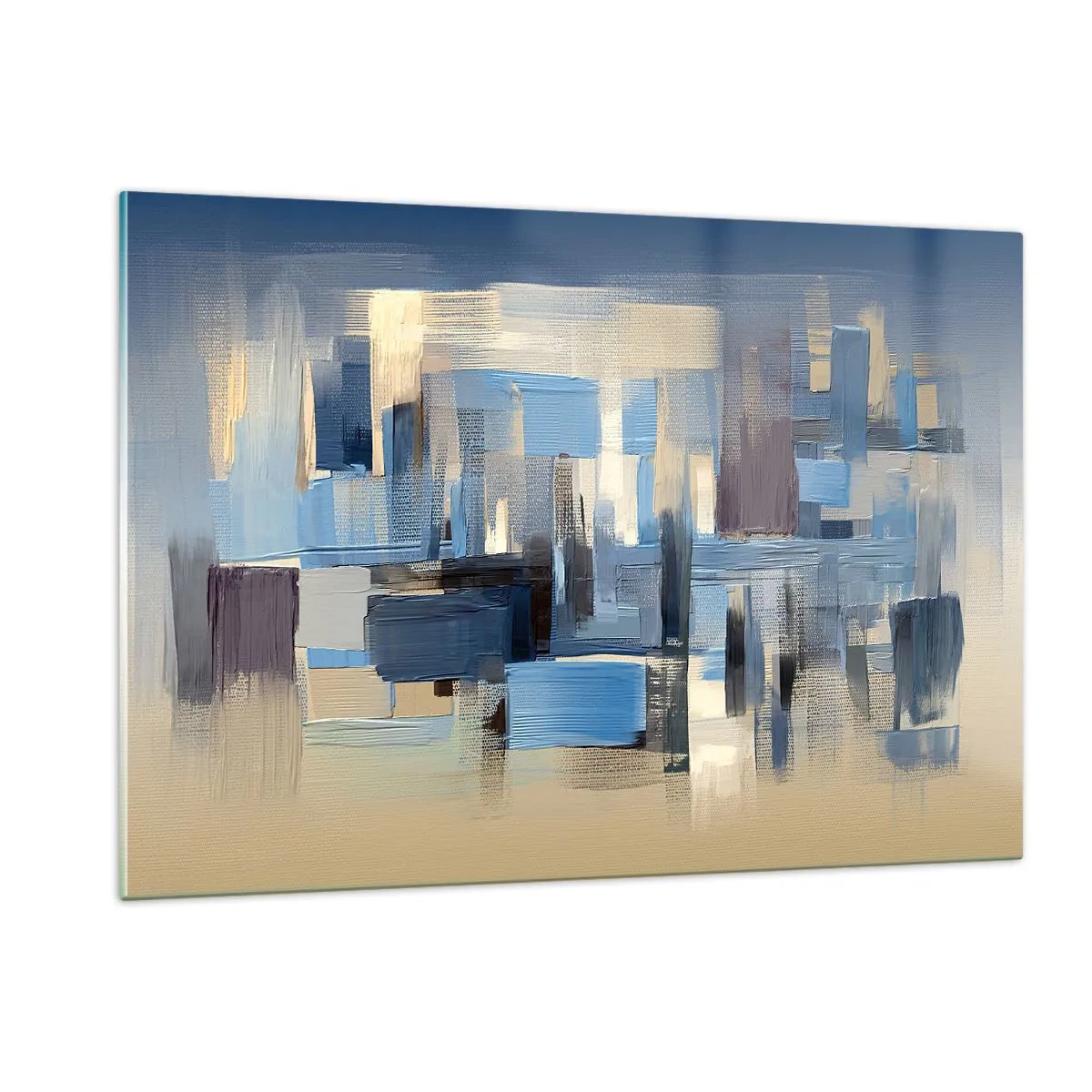 Impression sur verre - Image sur verre - Coups de pinceau géométriques dans les tons de bleu et de beige - 120x80cm - Construction bleue - Décoration murale moderne pour le salon et la chambre ARTTOR