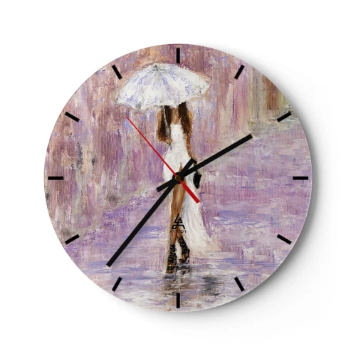 Horloge murale - Pendule murale - La figure d'une femme avec un parapluie sous la pluie, sur un fond lilas - 30x30cm - Sous la pluie lilas - Décoration murale moderne pour le salon, la cuisine et la chambre ARTTOR