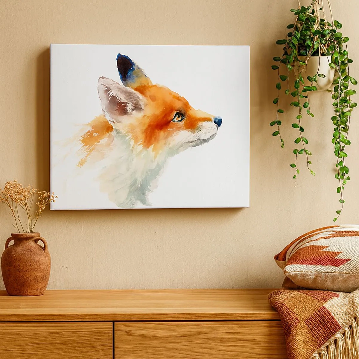 Impression sur toile - Image sur toile - Renard roux en style aquarelle sur fond blanc - 70x50cm - Vous ne pouvez jamais être trop prudent - Décoration murale moderne pour le salon et la chambre ARTTOR