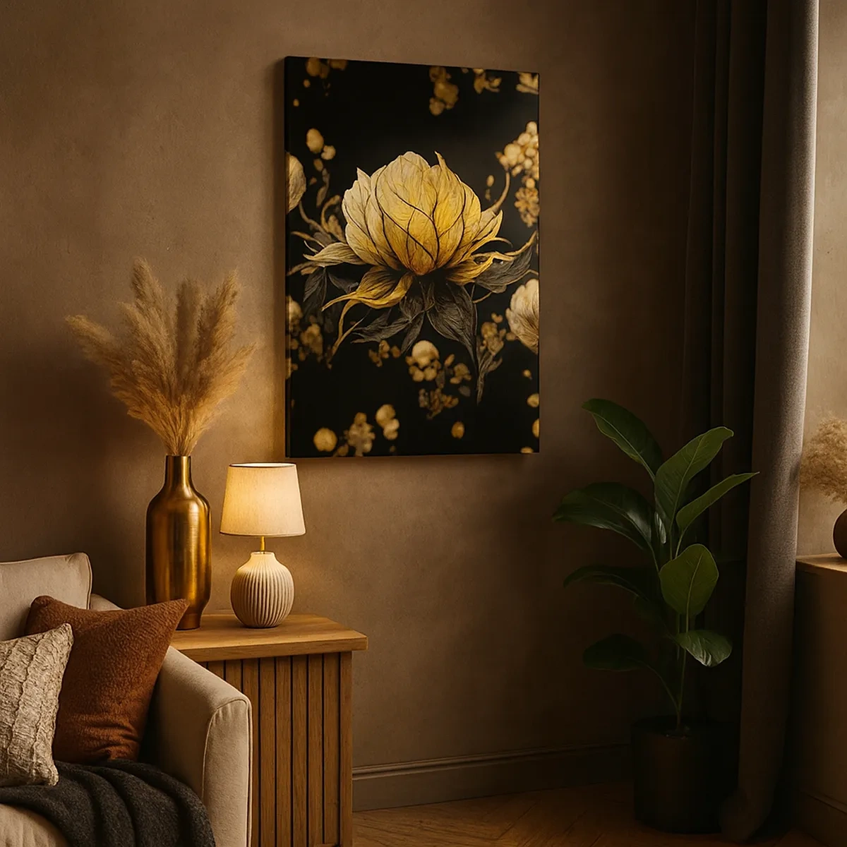Impression sur toile - Image sur toile - Fleur dorée sur fond sombre - 50x70cm - Fragilité subtile - Décoration murale moderne pour le salon et la chambre ARTTOR