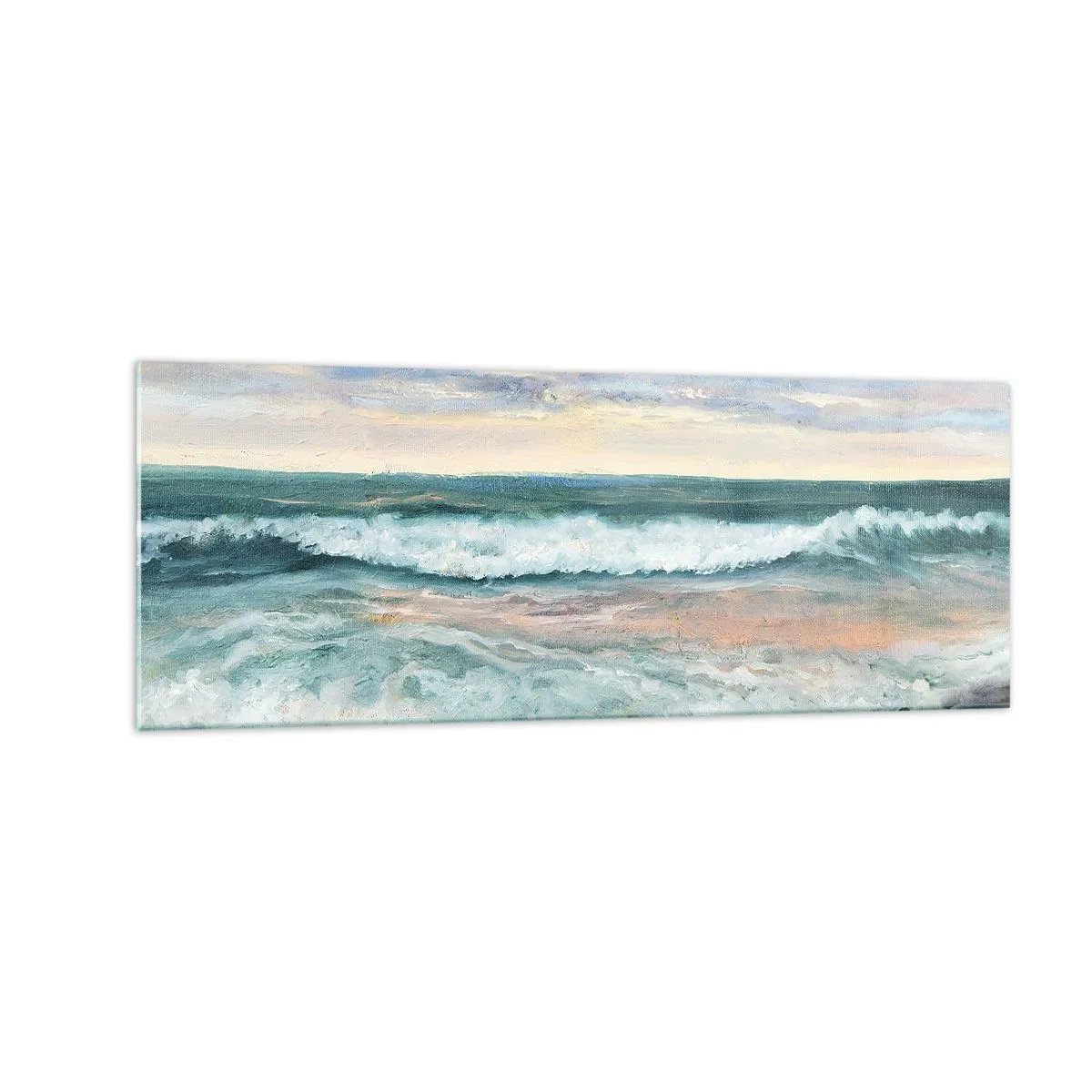 Impression sur verre - Image sur verre - Vagues de la mer contre un ciel nuageux au coucher du soleil - 140x50cm - Ici tu adouciras ton âme - Décoration murale moderne pour le salon et la chambre ARTTOR