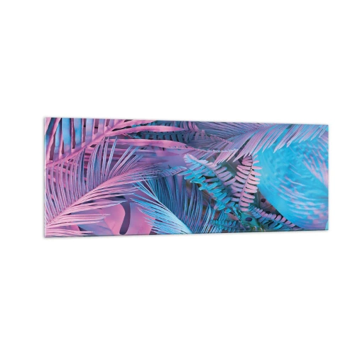 Impression sur verre - Image sur verre - Feuilles tropicales dans les tons de rose et de bleu - 140x50cm - Les tropiques en rose et bleu - Décoration murale moderne pour le salon et la chambre ARTTOR