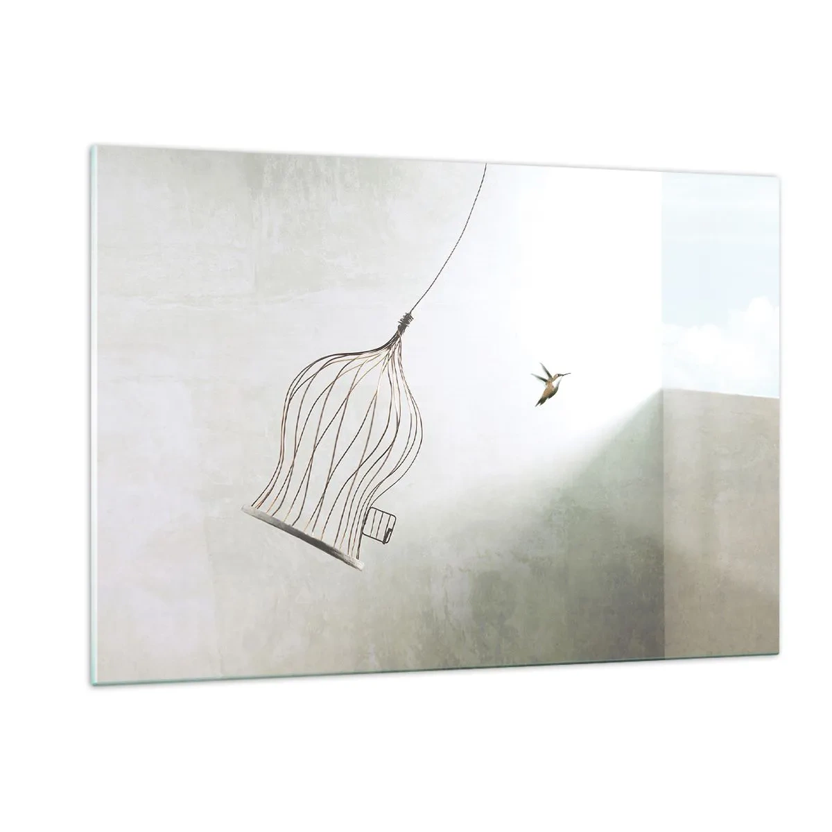 Impression sur verre - Image sur verre - Une cage ouverte et un colibri s'envolant à la lumière du jour - 120x80cm - Dans son élément - Décoration murale moderne pour le salon et la chambre ARTTOR