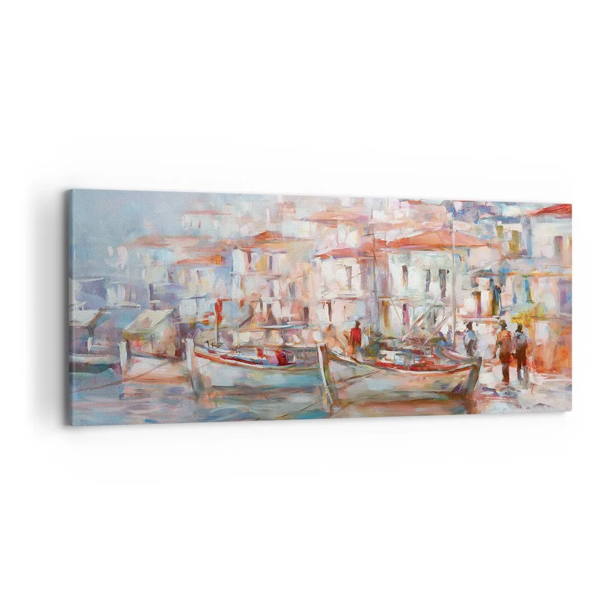 Impression sur toile - Image sur toile - Impression de port avec bateaux et bâtiments - 120x50cm - Vacances pastelles - Décoration murale moderne pour le salon et la chambre ARTTOR