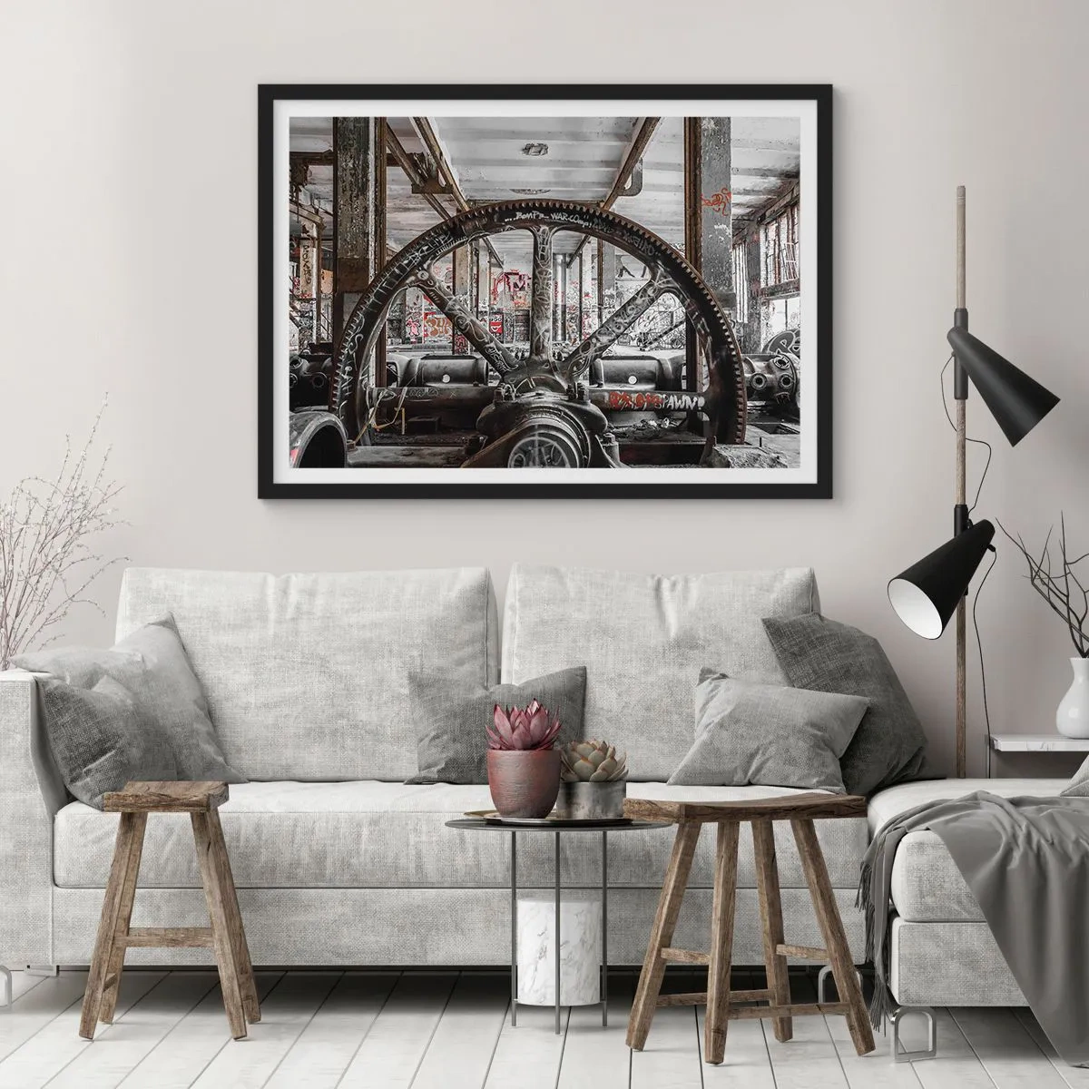 Affiche dans un cadre noir - Poster - Un vieux mécanisme dans un intérieur industriel abandonné - 70x50cm - Vie secrète d'une usine - Décoration murale moderne pour le salon et la chambre ARTTOR