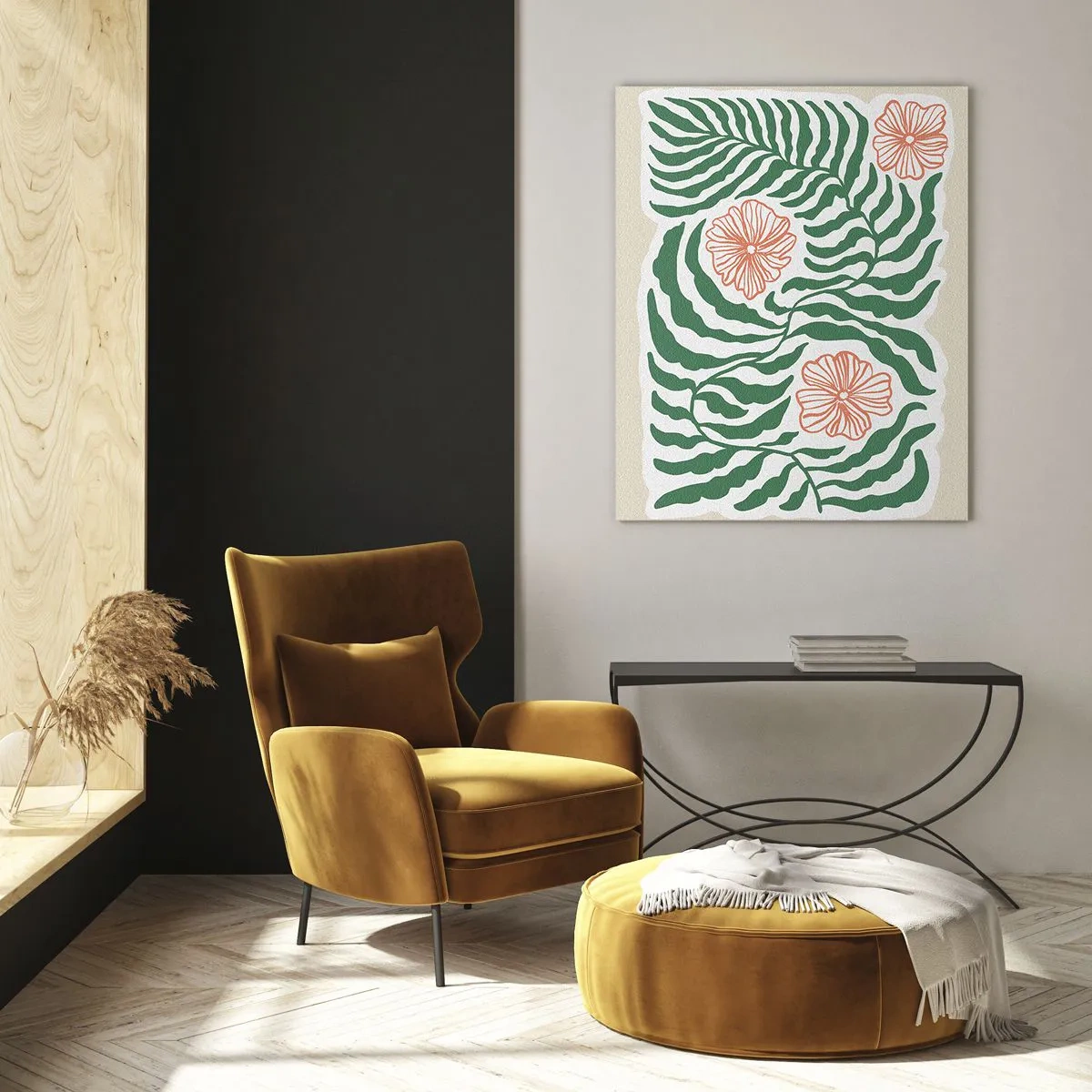 Impression sur verre - Image sur verre - Un motif minimaliste de feuilles vertes avec des fleurs dans des tons orange. - 70x100cm - Fleurit en vert - Décoration murale moderne pour le salon et la chambre ARTTOR