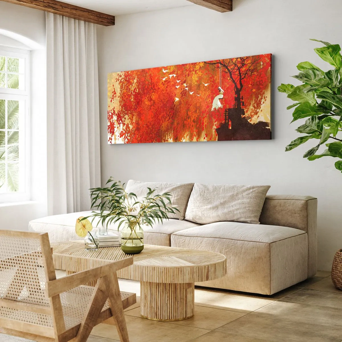 Impression sur toile - Image sur toile - Une silhouette sur une balançoire près d'un arbre entouré de feuilles rouges - 140x50cm - S'envolera-t-il avec eux ? - Décoration murale moderne pour le salon et la chambre ARTTOR
