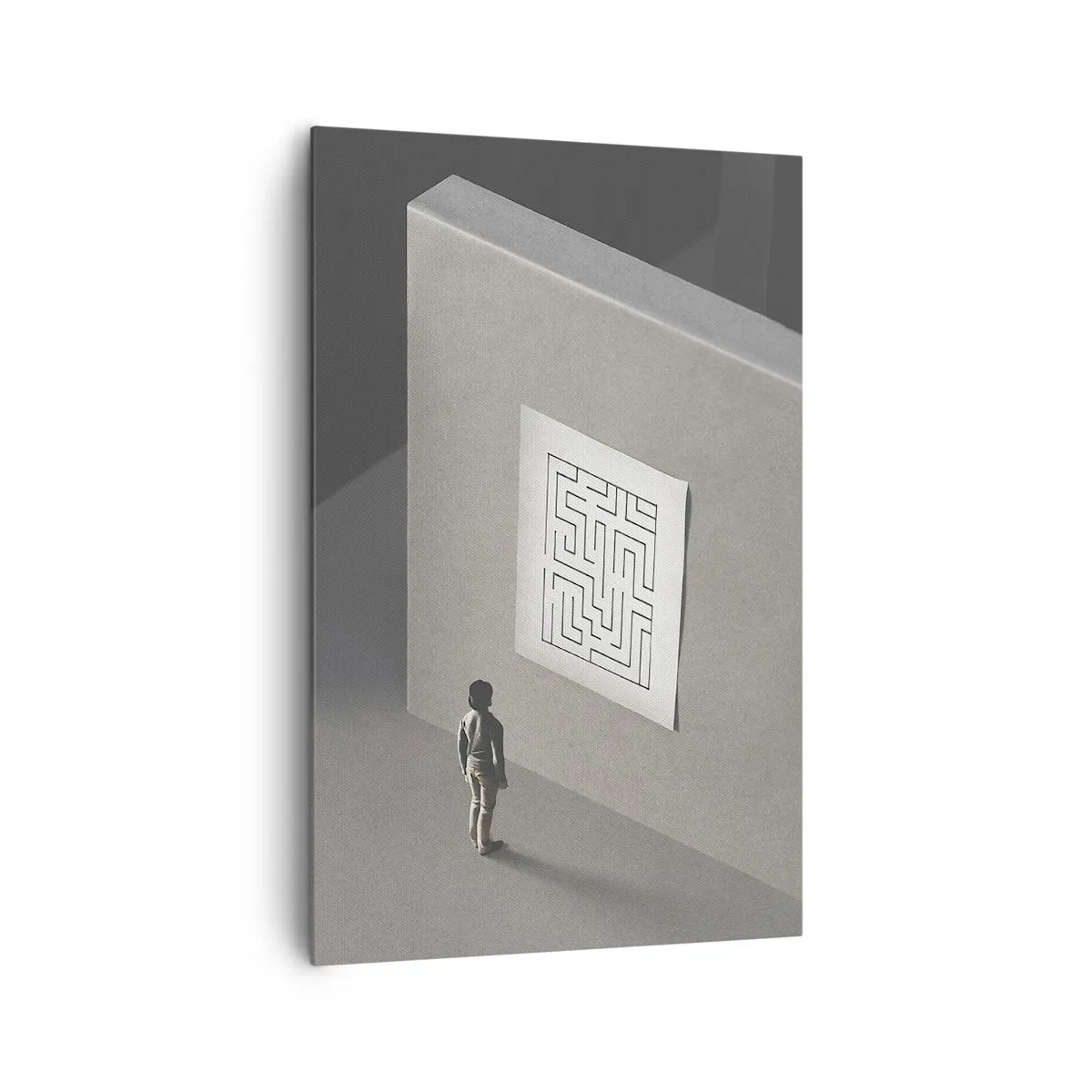 Impression sur toile - Image sur toile - Une figure dans un labyrinthe regardant une carte suspendue - 80x120cm - Mais où suis-je? - Décoration murale moderne pour le salon et la chambre ARTTOR