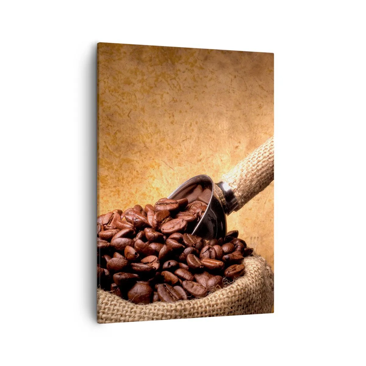 Impression sur toile - Image sur toile - Grains de café dans un sac en jute avec une cuillère en métal - 50x70cm - A la source de la saveur - Décoration murale moderne pour le salon et la chambre ARTTOR