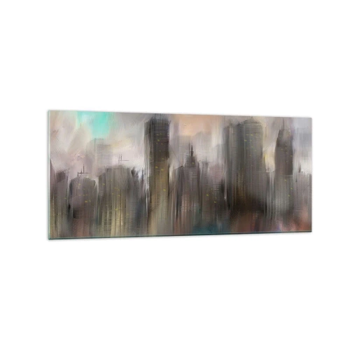 Impression sur verre - Image sur verre - Une vision artistique d'un paysage urbain avec des gratte-ciels aux couleurs pastel. - 120x50cm - Une composition d'acier, de pierre et de brouillard - Décoration murale moderne pour le salon et la chambre ARTTOR