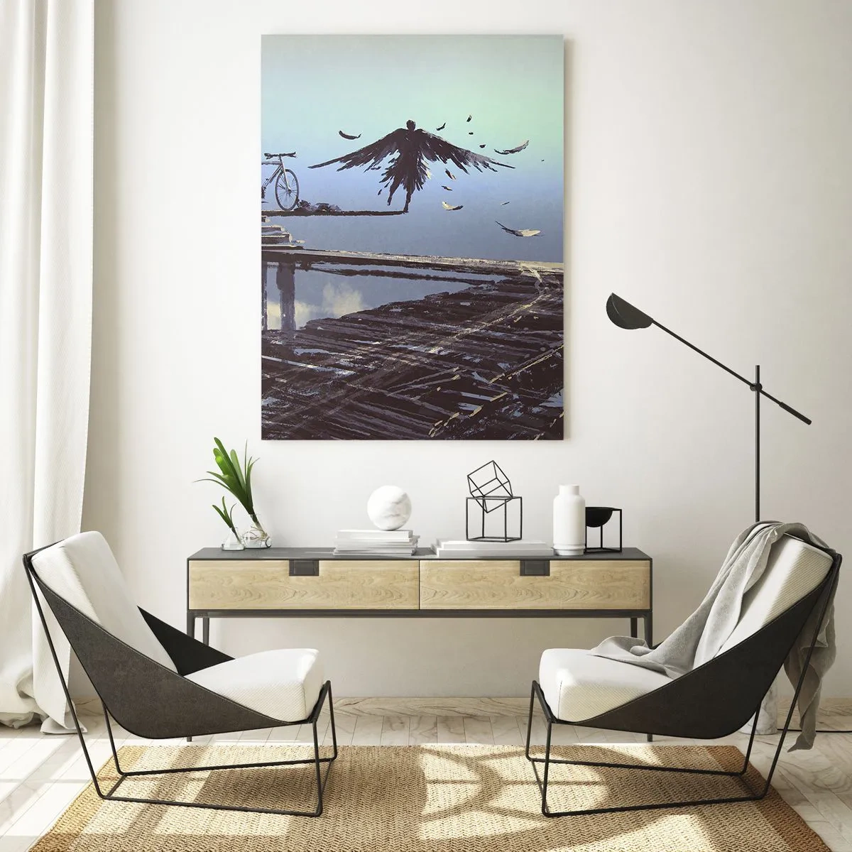 Impression sur verre - Image sur verre - Une silhouette avec des plumes plane au-dessus d'un pont en bois à côté d'un vélo. - 80x120cm - Icare est toujours vivant - Décoration murale moderne pour le salon et la chambre ARTTOR