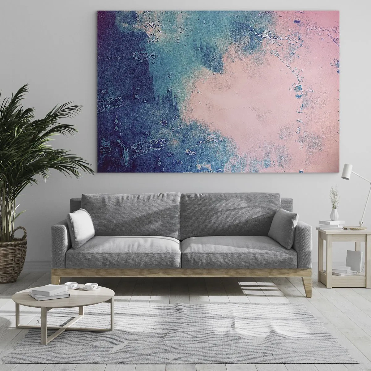 Impression sur verre - Image sur verre - Une combinaison abstraite de bleu et de rose poudré avec de la texture - 120x80cm - Etreintes bleues - Décoration murale moderne pour le salon et la chambre ARTTOR