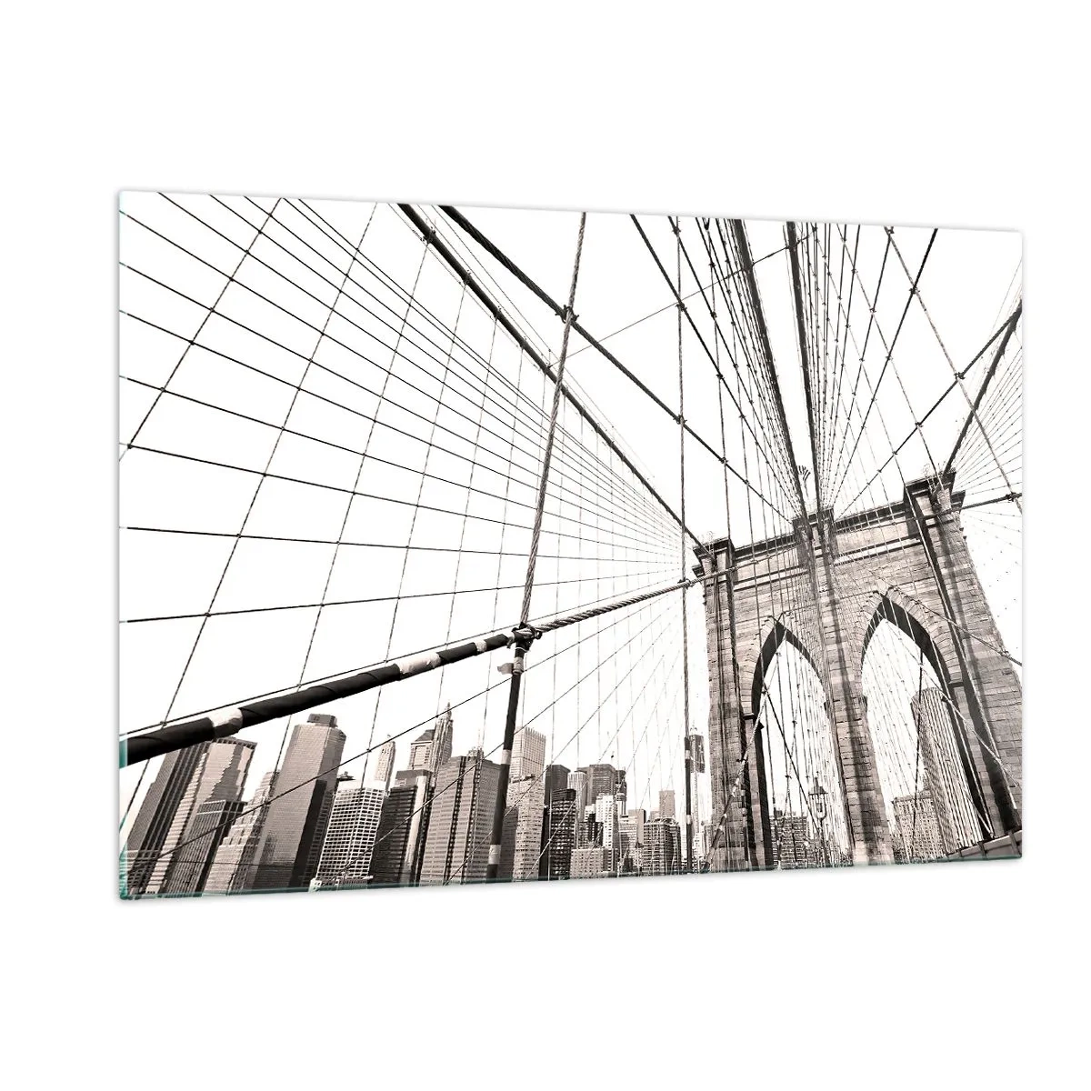 Impression sur verre - Image sur verre - Un pont suspendu avec un panorama de la ville en arrière-plan en sépia - 120x80cm - Cathédrale New Yorkaise - Décoration murale moderne pour le salon et la chambre ARTTOR