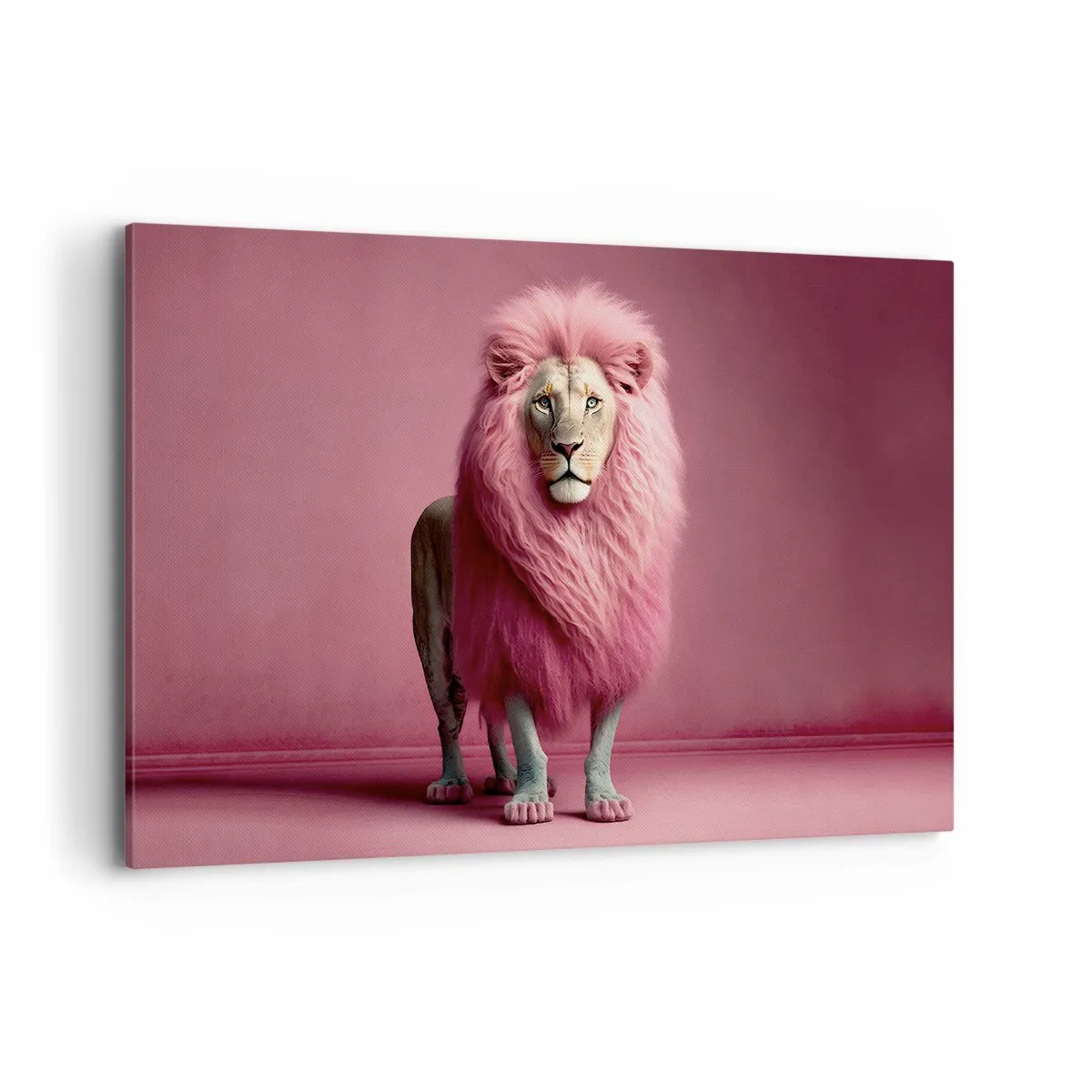Impression sur toile - Image sur toile - Un lion rendu artistiquement avec une crinière rose sur un fond rose - 120x80cm - Et tu n'as plus peur - Décoration murale moderne pour le salon et la chambre ARTTOR