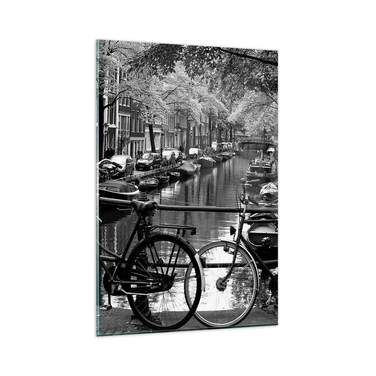 Impression sur verre - Image sur verre - Canal avec des vélos en photographie noir et blanc - 80x120cm - Une vue très hollandaise - Décoration murale moderne pour le salon et la chambre ARTTOR