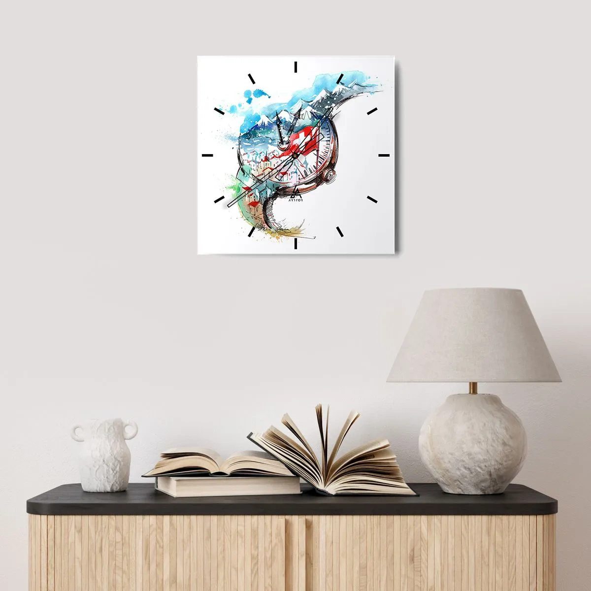 Horloge murale - Pendule murale - Un paysage aquarelle de la Suisse dans un design d'horlogerie - 30x30cm - L'esprit de la Suisse - Décoration murale moderne pour le salon et la chambre ARTTOR