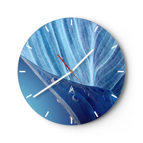 Horloge murale - Pendule murale - Gros plan d'une feuille avec des gouttes d'eau dans des tons bleus - 30x30cm - Gouttes cachées du bleu - Décoration murale moderne pour le salon, la cuisine et la chambre ARTTOR