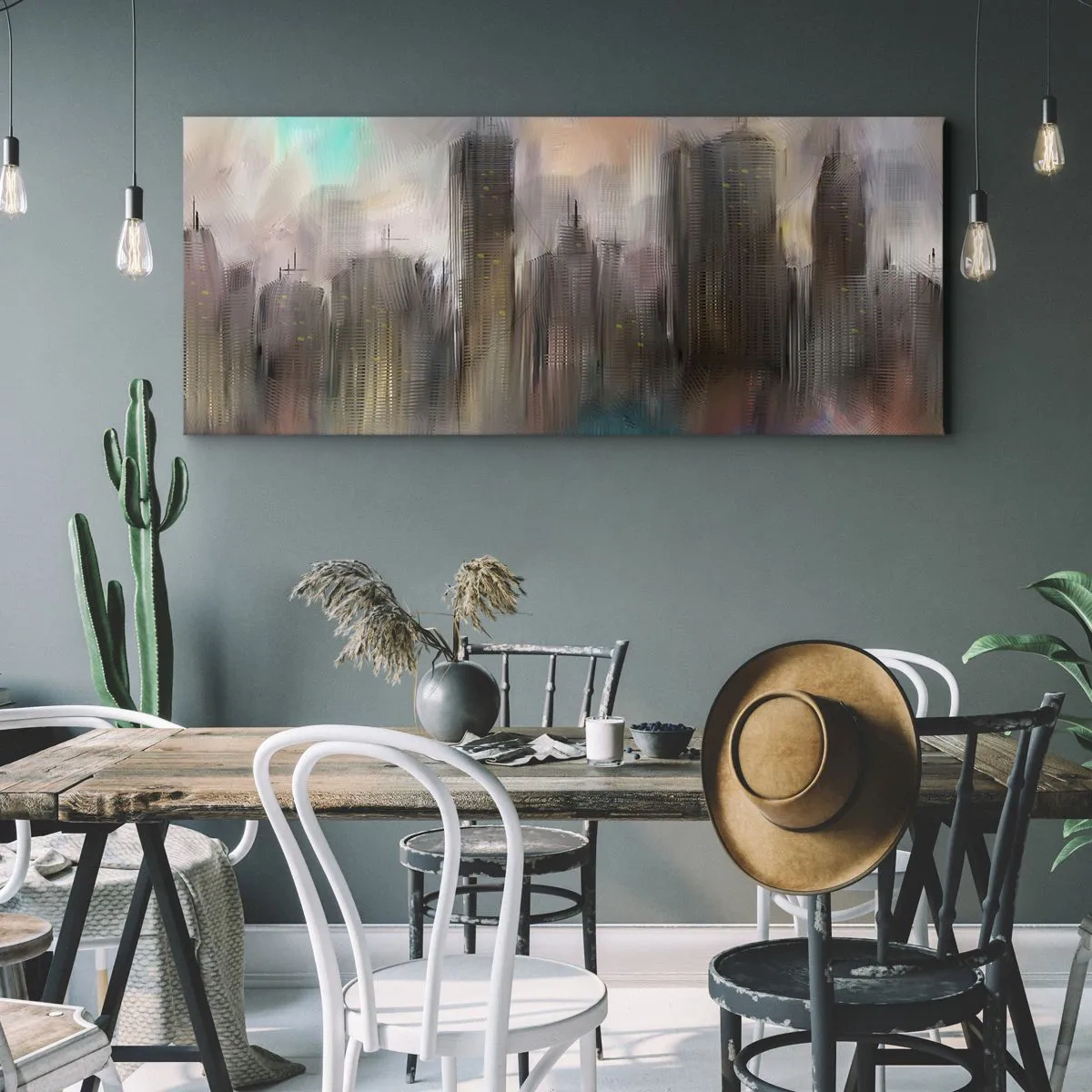 Impression sur toile - Image sur toile - Une vision artistique d'un paysage urbain avec des gratte-ciels aux couleurs pastel. - 160x50cm - Une composition d'acier, de pierre et de brouillard - Décoration murale moderne pour le salon et la chambre ARTTOR