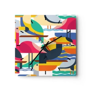 Horloge murale - Pendule murale - Oiseaux colorés dans une composition abstraite et géométrique - 30x30cm - Fête des oiseaux - Décoration murale moderne pour le salon et la chambre ARTTOR