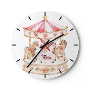 Horloge murale - Pendule murale - Carrousel rose et crème avec des chevaux sur fond blanc - 30x30cm - Le doux monde de l'enfance - Décoration murale moderne pour le salon, la cuisine et la chambre ARTTOR